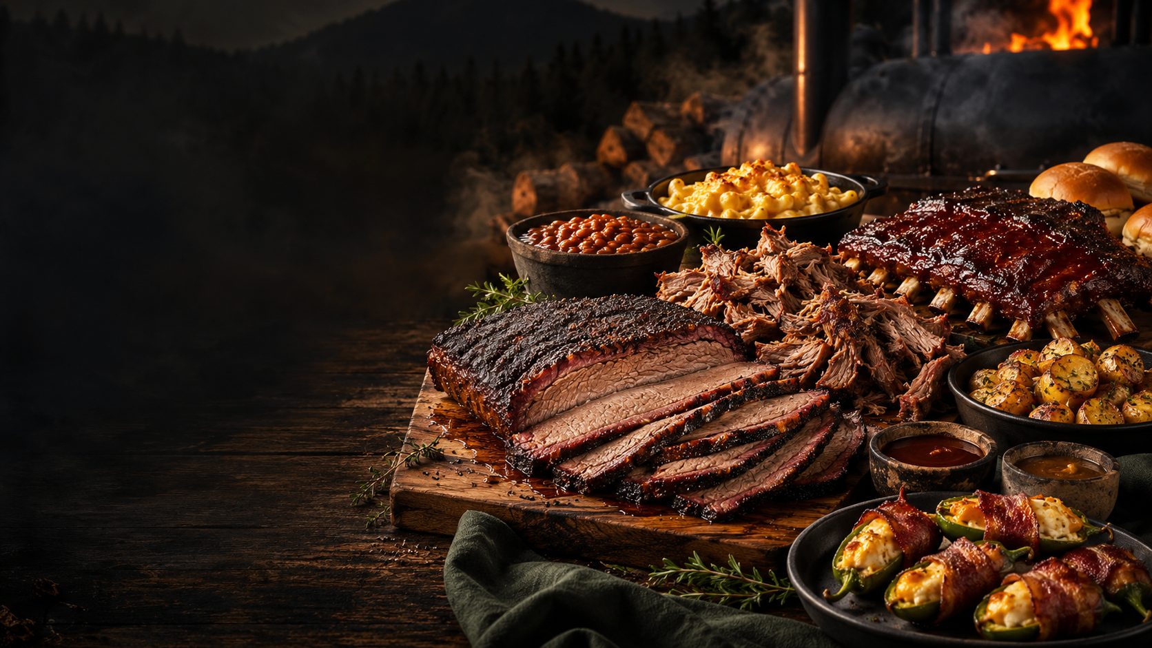 Blackened Ridge Barbecue spread with sliced smoked brisket, pulled pork, glazed ribs, mac and cheese, baked beans, potatoes, and bacon-wrapped jalapeño poppers served beside the offset smoker at dusk